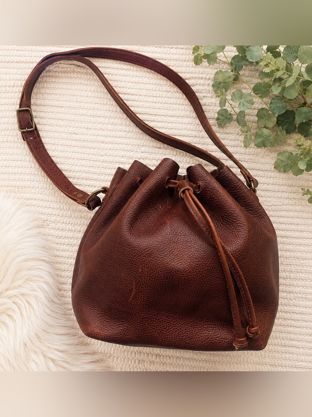 Portland Leather Goods Brown Pebbled Leather Bucket Crossbody Bag